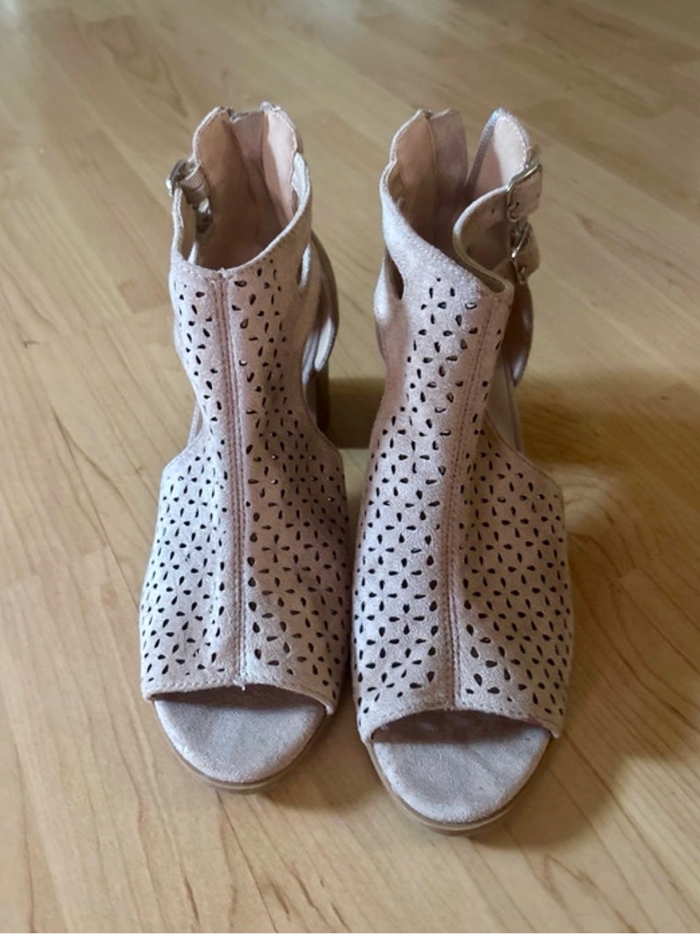 Suede Laser-Cut Peep-Toe Ankle Strap Heels - Taupe